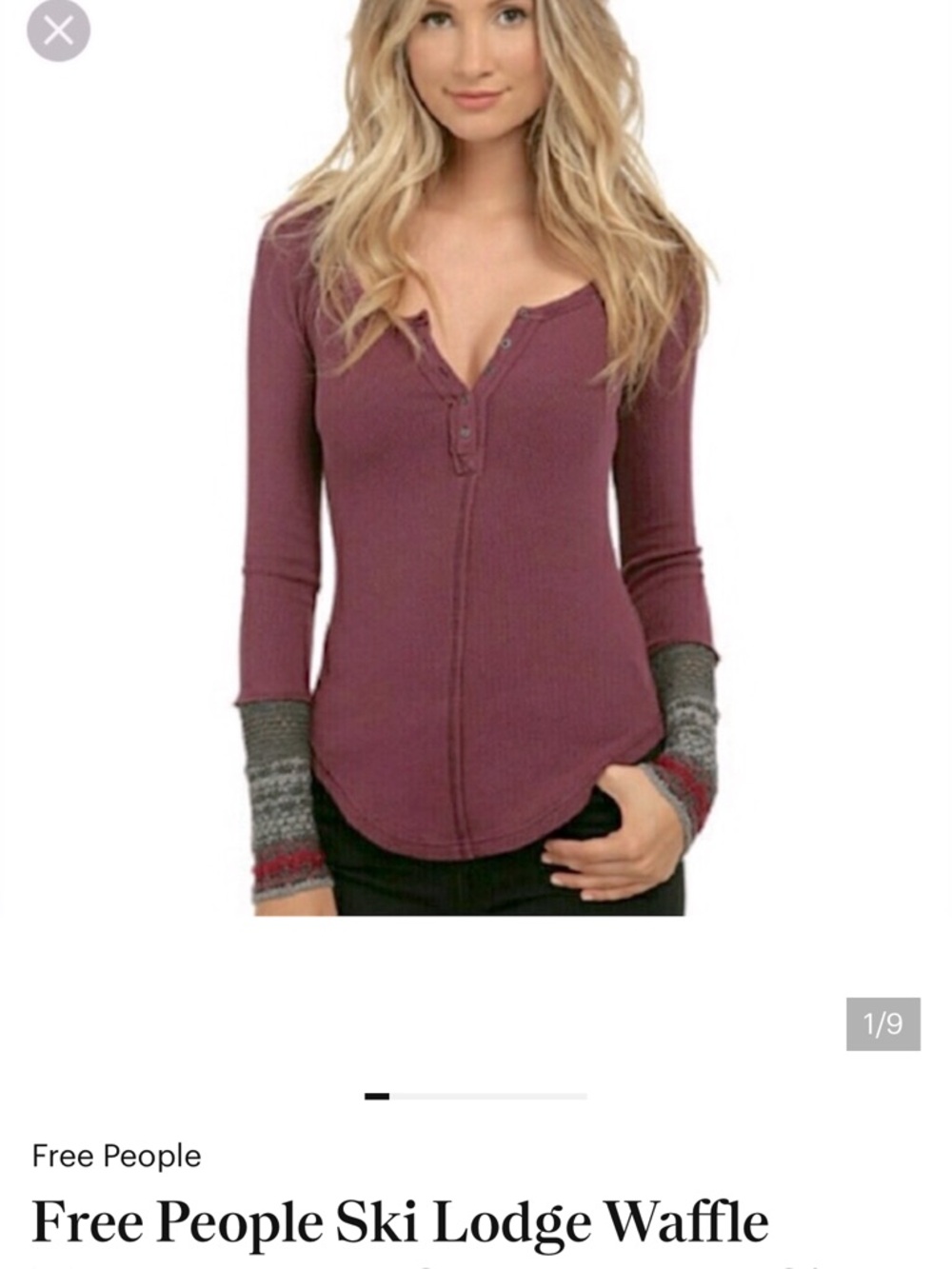 Free People Waffle Henley Top in Plum with Patterned Cuffs